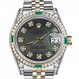 Men's Rolex 36mm Datejust Two Tone Jubilee Black MOP Mother Of Pearl Dial Diamonds Bezel + Lugs + Emerald
