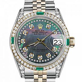 Men's Rolex 36mm Datejust Two Tone Jubilee Black MOP Mother of Pearl String Diamond Accent Dial Bezel + Lugs + Emerald