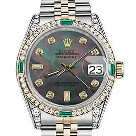 Men's Rolex 36mm Datejust Two Tone Jubilee Black MOP Mother Of Pearl 8 + 2 Diamond Accen Bezel + Lugs + Emerald