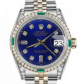 Men's Rolex 36mm Datejust Two Tone Jubilee Blue Color Dial 8+2 Diamond Accent Bezel + Lugs + Emerald