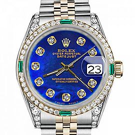 Men's Rolex 36mm Datejust Two Tone Jubilee Blue Color Treated MOP Mother Of Pearl Diamond Dial Bezel + Lugs + Emerald