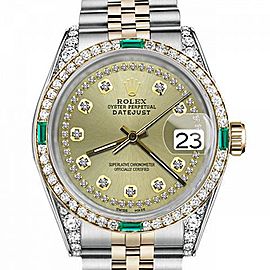 Men's Rolex 36mm Datejust Two Tone Jubilee Champagne Color String Diamond Accent Dial Bezel + Lugs + Emerald