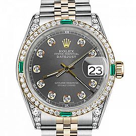 Men's Rolex 36mm Datejust Two Tone Jubilee Dark Grey Color Dial Diamond Accent Bezel + Lugs + Emerald