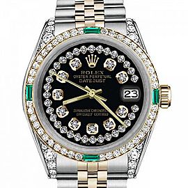 Men's Rolex 36mm Datejust Two Tone Jubilee Glossy Black String Diamond Accent Dial Bezel + Lugs + Emerald