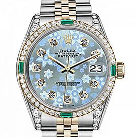 Men's Rolex 36mm Datejust Two Tone Jubilee Glossy Ice Blue Flower Dial Diamond Accen Bezel + Lugs + Emerald