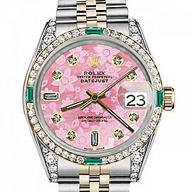 Men's Rolex 36mm Datejust Two Tone Jubilee Glossy Pink Flower Dial 8 + 2 Diamond Accent Bezel + Lugs + Emerald
