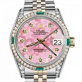 Men's Rolex 36mm Datejust Two Tone Jubilee Glossy Pink Flower Dial Diamond Accent Bezel + Lugs + Emerald