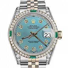 Men's Rolex 36mm Datejust Two Tone Jubilee Ice Blue Color Dial Diamond Accent RT Bezel + Lugs + Emerald