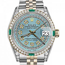 Men's Rolex 36mm Datejust Two Tone Jubilee Ice Blue String Diamond Dial Bezel + Lugs + Emerald
