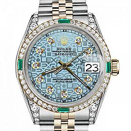 Men's Rolex 36mm Datejust Two Tone Jubilee Jubilee Ice Blue Color Dial Diamond Accent Bezel + Lugs + Emerald