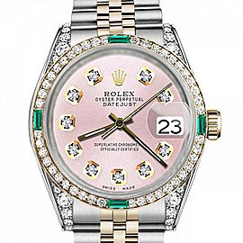 Men's Rolex 36mm Datejust Two Tone Jubilee Metallic Pink Diamond Dial Bezel + Lugs + Emerald