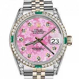 Men's Rolex 36mm Datejust Two Tone Jubilee Pink Flower MOP Dial Diamond Bezel + Lugs + Emerald