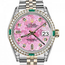 Men's Rolex 36mm Datejust Two Tone Jubilee Pink Flower MOP Mother of Pearl Dial 8+2 Diamond Bezel + Lugs + Emerald