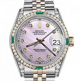Men's Rolex 36mm Datejust Two Tone Jubilee Pink MOP Mother Of Pearl Dial Diamond Accent Bezel + Lugs + Emerald