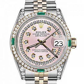 Men's Rolex 36mm Datejust Two Tone Jubilee Pink String Diamond Dial Vintage Style Marker Bezel + Lugs + Emerald