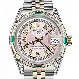Men's Rolex 36mm Datejust Two Tone Jubilee Pink String Diamond Dial Vintage Style Marker Bezel + Lugs + Emerald