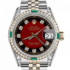 Men's Rolex 36mm Datejust Two Tone Jubilee Red Vignette Color Dial Diamond Accent RT Bezel + Lugs + Emerald