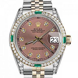 Men's Rolex 36mm Datejust Two Tone Jubilee Salmon Color Dial Diamond Accent RT Bezel + Lugs + Emerald