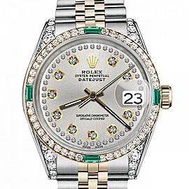 Men's Rolex 36mm Datejust Two Tone Jubilee Silver Color String Diamond Accent Dial Bezel + Lugs + Emerald