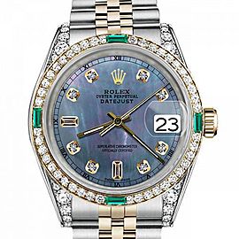 Men's Rolex 36mm Datejust Two Tone Jubilee Tahitian MOP Mother of Pearl 8 + 2 Diamond Dial RT Bezel + Lugs + Emerald