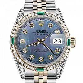 Men's Rolex 36mm Datejust Two Tone Jubilee Tahitian MOP Mother of Pearl Diamond Dial Bezel + Lugs + Emerald