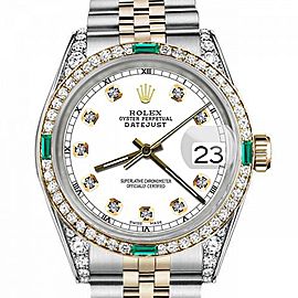 Men's Rolex 36mm Datejust Two Tone Jubilee White Color Dial Diamond Accent Bezel + Lugs + Emerald