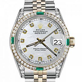 Men's Rolex 36mm Datejust Two Tone Jubilee White MOP Dial Diamond Accent Bezel + Lugs + Emerald