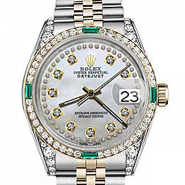 Men's Rolex 36mm Datejust Two Tone Jubilee White MOP Mother of Pearl String Diamond Dial Bezel + Lugs + Emerald