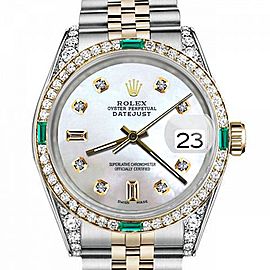 Men's Rolex 36mm Datejust Two Tone Jubilee White MOP Mother Of Pearl 8 + 2 Diamond Accent Bezel + Lugs + Emerald