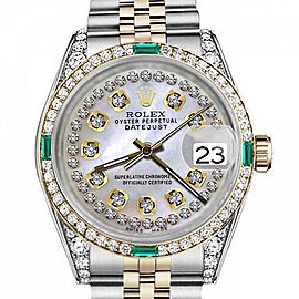 Men's Rolex 36mm Datejust Two Tone Jubilee White MOP String Diamond Dial Bezel + Lugs + Emerald