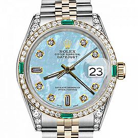 Men's Rolex 36mm Datejust 2 Two Tone Jubilee Baby Blue MOP Mother Of Pearl 8+2 Diamond Dial Bezel + Lugs + Emerald