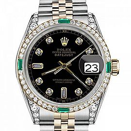 Men's Rolex 36mm Datejust Two Tone Jubilee Black Color Dial 8 + 2 Diamond Accent Bezel + Lugs + Emerald 16013