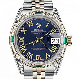 Men's Rolex 36mm Datejust Two Tone Jubilee Blue Color Roman Numeral Dial Bezel + Lugs + Emerald