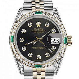 Men's Rolex 36mm Datejust Two Tone Jubilee Chocolate Dial Diamond Accent Bezel + Lugs + Emerald
