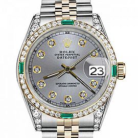 Men's Rolex 36mm Datejust Two Tone Jubilee Grey Color Dial Diamond Accent RT Bezel + Lugs + Emerald