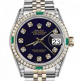 Men's Rolex 36mm Datejust Two Tone Jubilee Purple Color Dial Diamond Accent Bezel + Lugs + Emerald