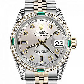 Men's Rolex 36mm Datejust Two Tone Jubilee Silver Color Dial 8 + 2 Diamond Accent Bezel + Lugs + Emerald