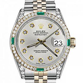 Men's Rolex 36mm Datejust Two Tone Jubilee Silver Color Dial Diamond Accent RT Bezel + Lugs + Emerald