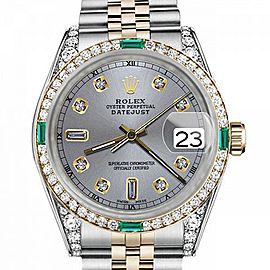 Men's Rolex 36mm Datejust Two Tone Jubilee Slate Grey Color Dial 8 + 2 Diamond Accent Bezel + Lugs + Emerald