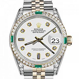 Men's Rolex 36mm Datejust Two Tone Jubilee White Color Dial 8 + 2 Diamond Accen Bezel + Lugs + Emerald