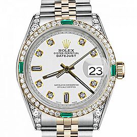 Men's Rolex 36mm Datejust Two Tone Jubilee White Color Dial 8+2 Diamond Accent RRT Bezel + Lugs + Emerald
