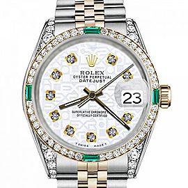 Men's Rolex 36mm Datejust Two Tone Jubilee White Color Jubilee Dial Diamonds Bezel + Lugs + Emerald