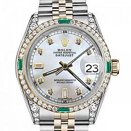 Men's Rolex 36mm Datejust Two Tone Jubilee White MOP Mother of Pearl Dial Diamond Accen Bezel + Lugs + Emerald