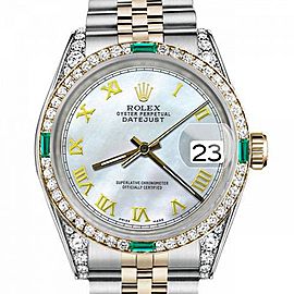 Men's Rolex 36mm Datejust Two Tone Jubilee White MOP Mother Of Pearl Roman Numeral Dia Bezel + Lugs + Emerald