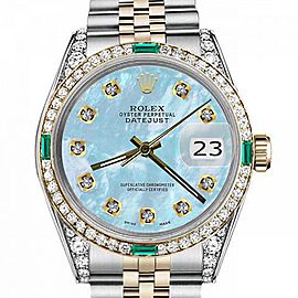 Men's Rolex 36mm Datejust Two Tone Jubilee Baby Blue MOP Mother Of Pearl Dial Diamond Accent Bezel + Lugs + Emerald