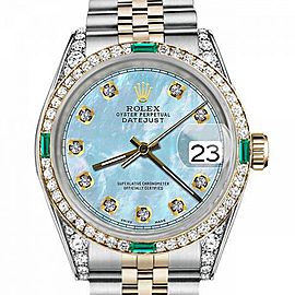 Men's Rolex 36mm Datejust Two Tone Jubilee Baby Blue MOP Mother Of Pearl Dial Diamond RRT Bezel + Lugs + Emerald