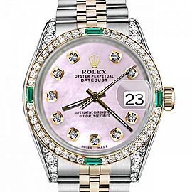 Men's Rolex 36mm Datejust Two Tone Jubilee Pink MOP Mother Of Pearl Diamond Dial Bezel + Lugs + Emerald