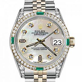 Men's Rolex 36mm Datejust Two Tone Jubilee White MOP Mother Of Pearl 8 + 2 Diamond Dial Bezel + Lugs + Emerald