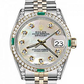 Men's Rolex 36mm Datejust Two Tone Jubilee White MOP Mother Of Pearl Dial Diamond Accent Bezel + Lugs + Emerald