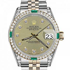Men's Rolex 36mm Datejust Two Tone Jubilee Champagne Color Diamond Accent dial Bezel + Lugs + Emerald